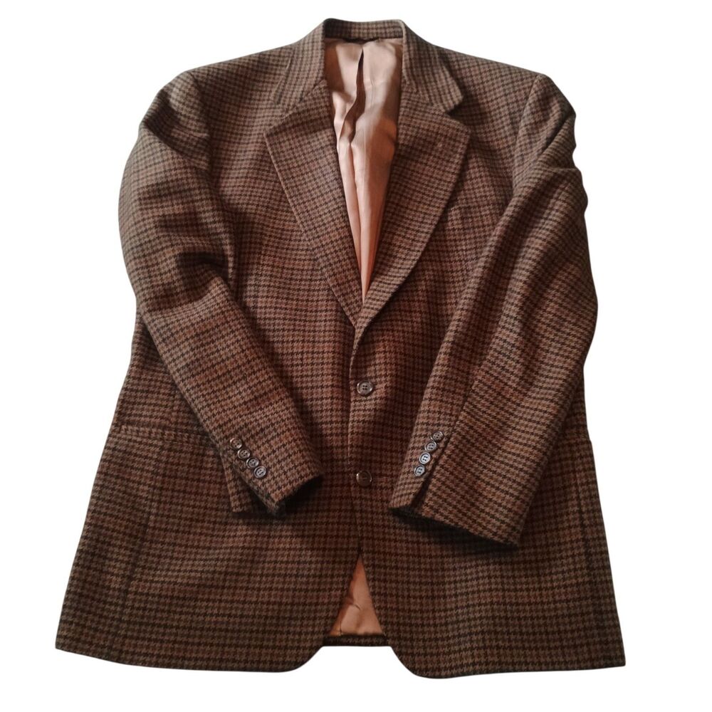 Vintage Turnbury Sport Coat Suit Jacket Men 44  Brown Houndstooth Wool USA
